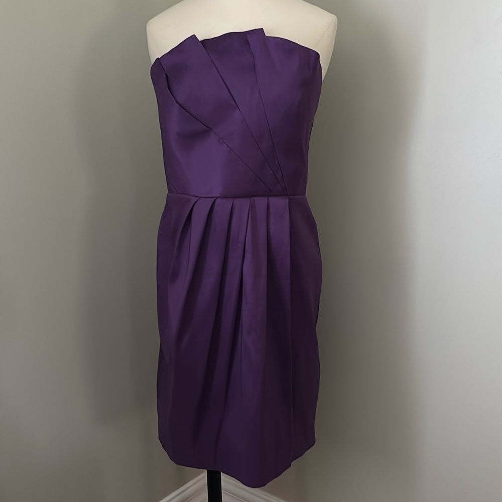 Max and Cleo Purple Pleated Fan Strapless Mini Dress Sz 6